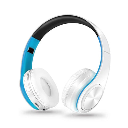 White and blue wireless bluetooth headphone music with hifi stereo earphones support sd card and mic for mobile devices