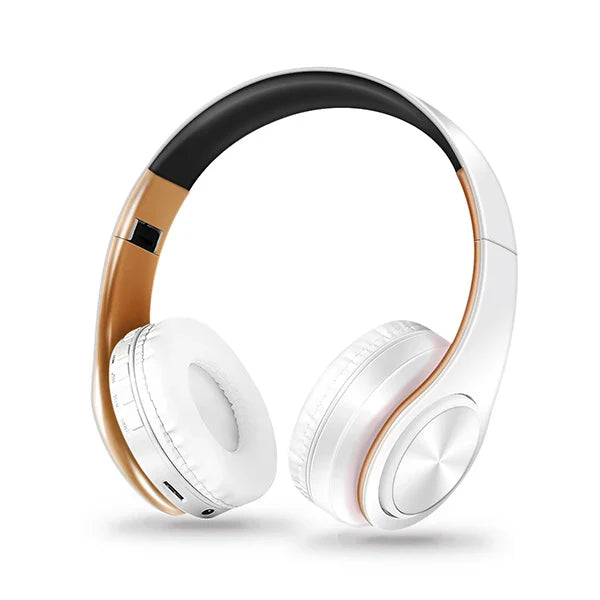 White and gold hifi stereo earphones wireless over-ear headphone music headset with mic support sd card for mobile devices