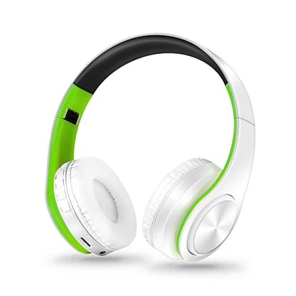 White and lime green wireless over ear hifi stereo earphones with support sd card for headphone music headset use