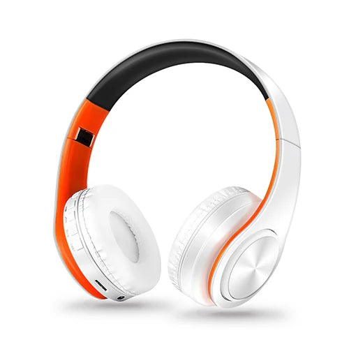 White and orange wireless over-ear hifi stereo earphones headphone music headset support sd card for mobile devices