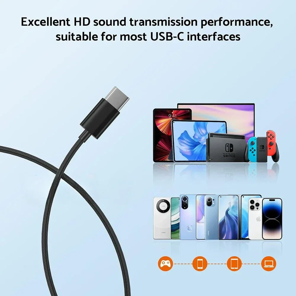 Black usb-c cable with durable design for hi-fi surround type c headphones wire control earbud headset and jack earbud headset