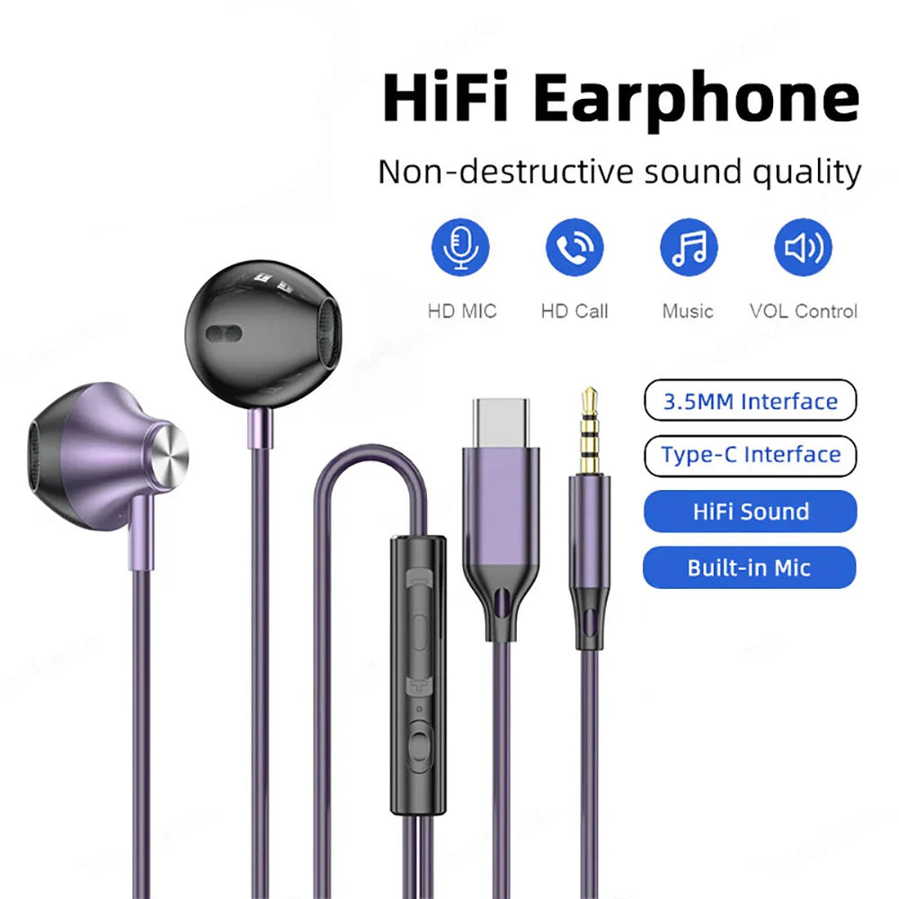 Purple and black type c headphones with built-in microphone wire control earbud and jack earbud headset for samsung s23 s24