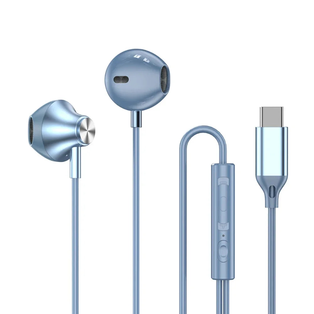 Light blue metallic in-ear type c headphones with usb-c charging cable and wire control jack earbud headset for samsung