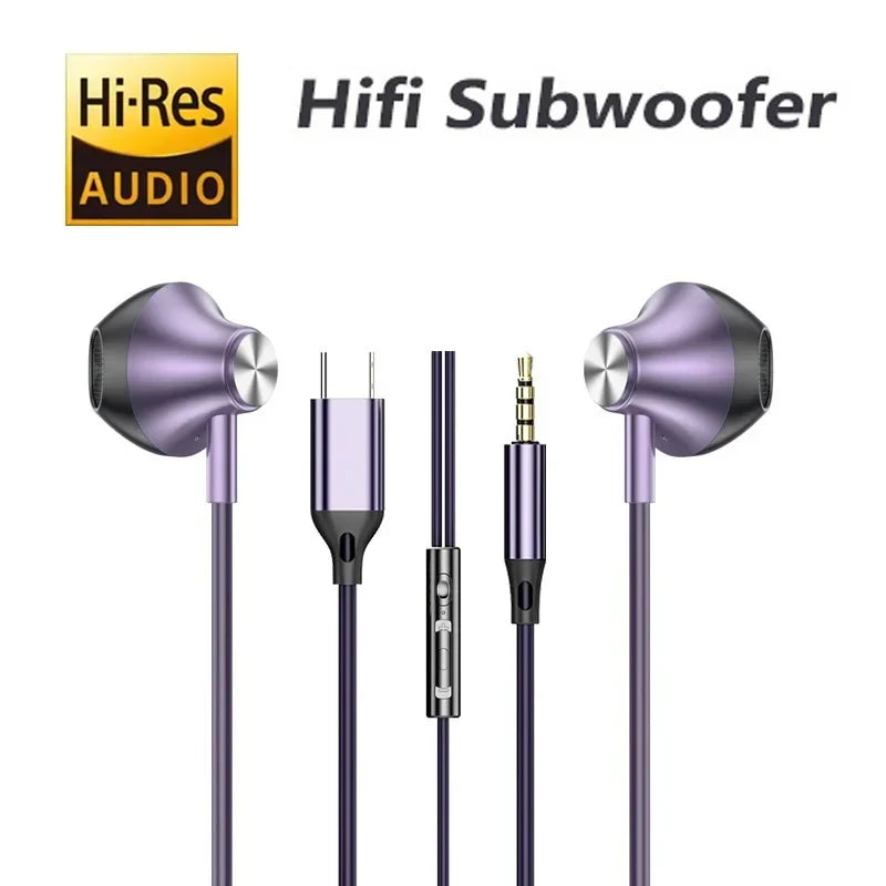 Purple metallic hiFi surround sound in ear headphones with mic wire control and hi-res audio for laptops PC smart phone headphones