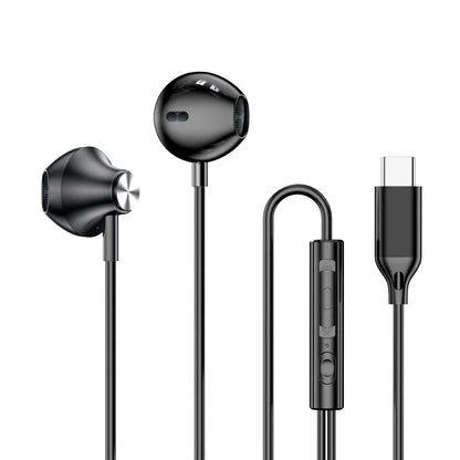 Black in-ear wired headphones with glossy finish and silver accent mic wire control for laptops pc smart phone use