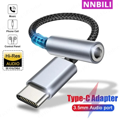 Silver metallic nnbili HiFi USB type c to 3.5mm jack earphone adapter with braided cable for series Samsung Galaxy Huawei Xiaomi