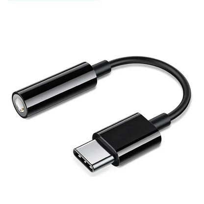 Black usb-c to 3.5mm jack earphone adapter with glossy finish and flexible cable for iPhone 15 series Samsung Galaxy Huawei Xiaomi