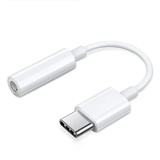 White usb-c to 3.5mm jack earphone adapter with metallic ends for iphone 15 series samsung galaxy huawei xiaomi devices