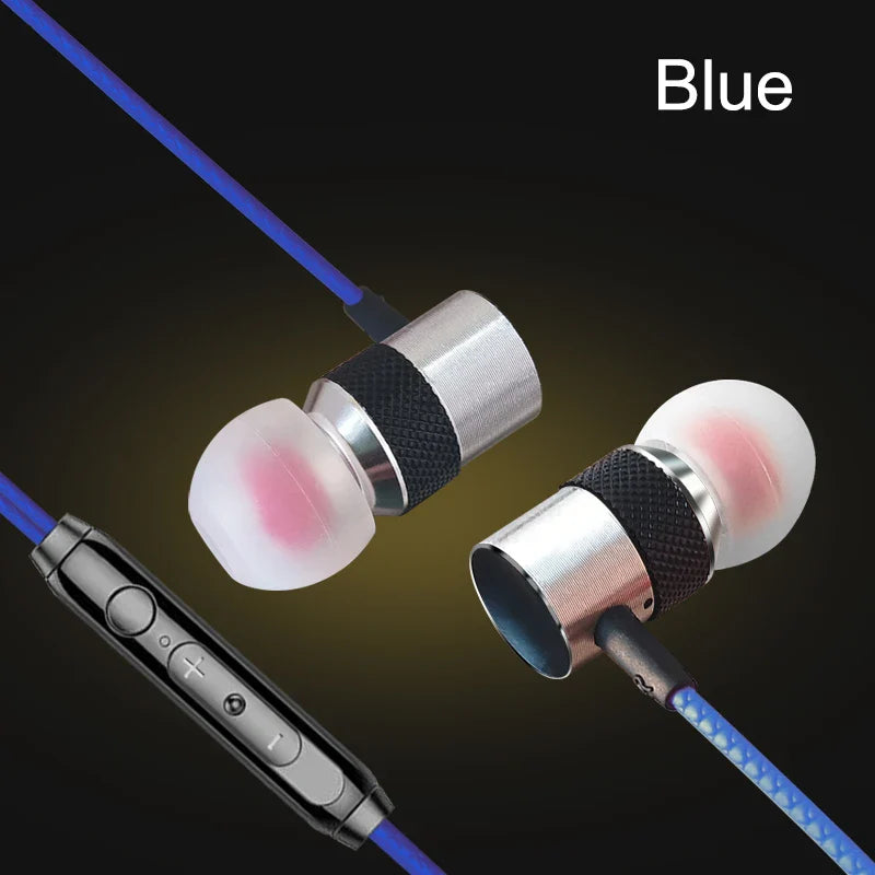 Blue wired headphones with silver metallic earpieces and pink silicone tips quality in-ear headphone for phone pc use