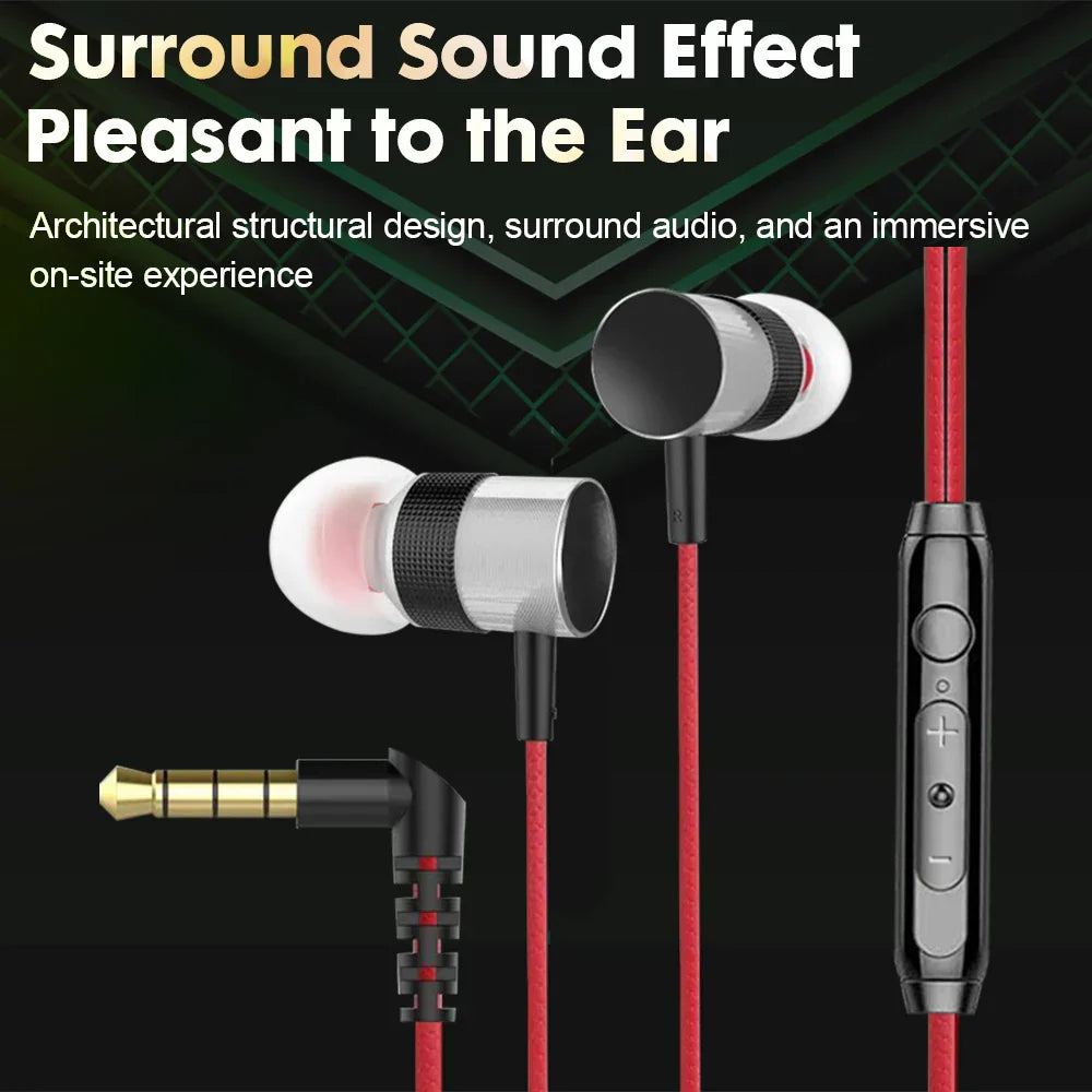 Red and black wired headphones with silver accents featuring sleek design and dolby surround sound for phone pc earphone use