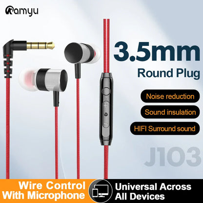 Red wired headphones with black silver accents and 3.5mm plug quality in-ear headphone for phone pc earphone use