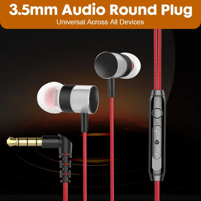 Red and silver hiFi wired headphones with sleek metallic finish and inline control for enhanced phone pc earphone use