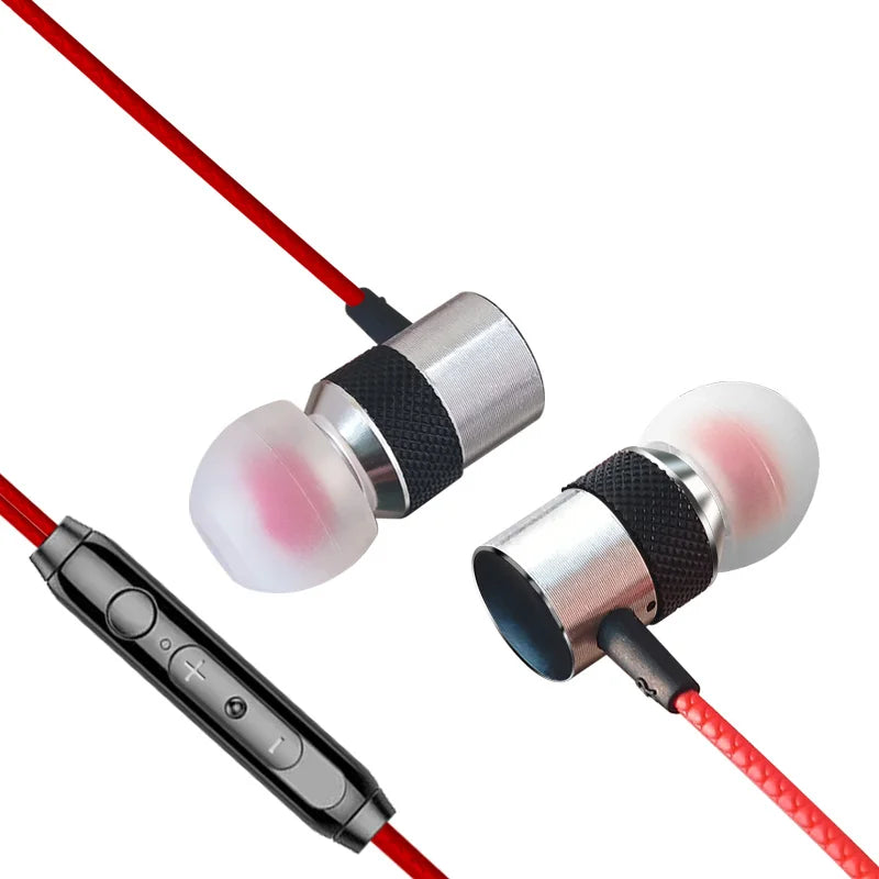 Red and silver HiFi wired headphones with black textured grips featuring Dolby surround sound for phone PC earphone use