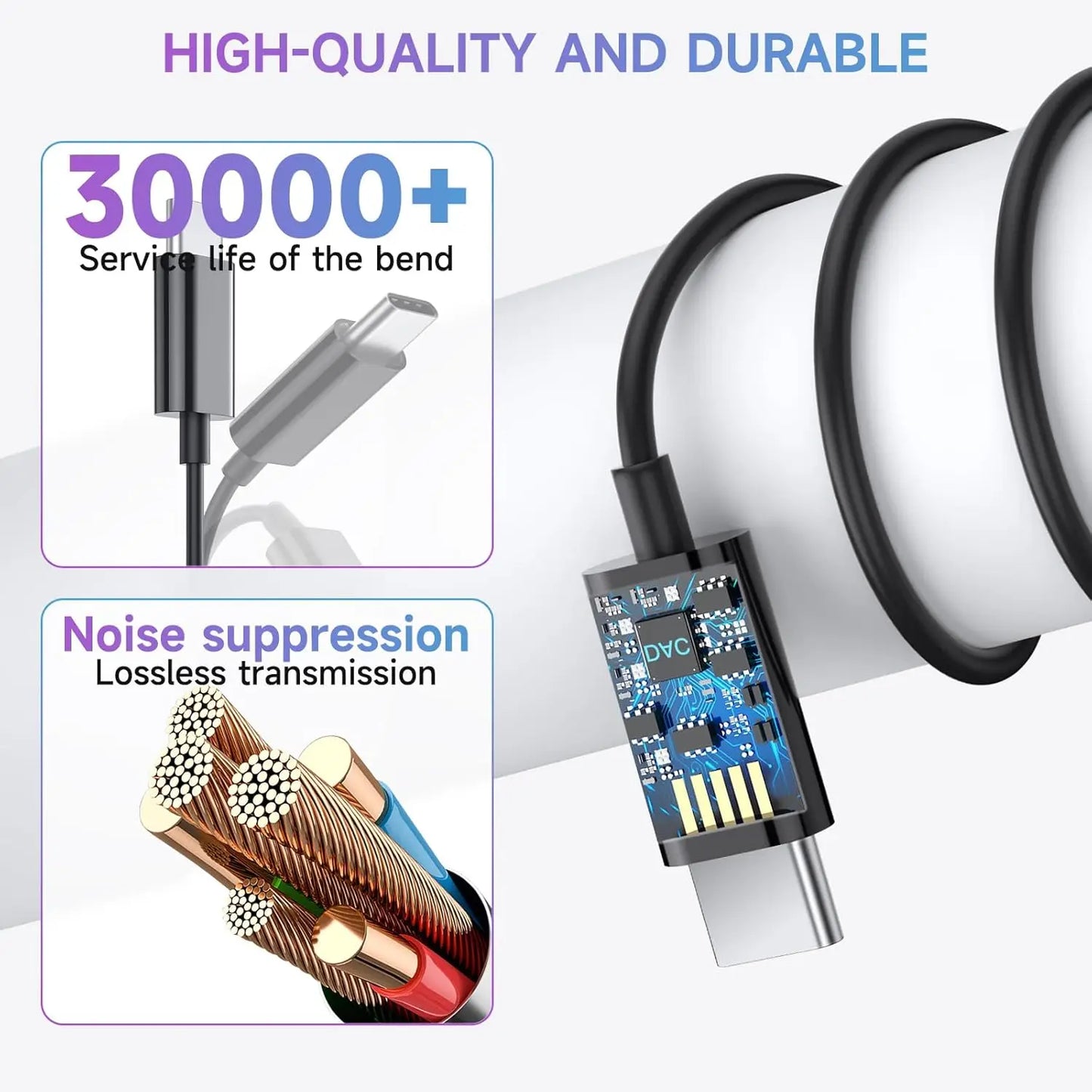 Black usb-c cable with durable reinforced design and noise-suppressing wiring for music wired headphones samsung s25 s24 s23 s22 xiaomi