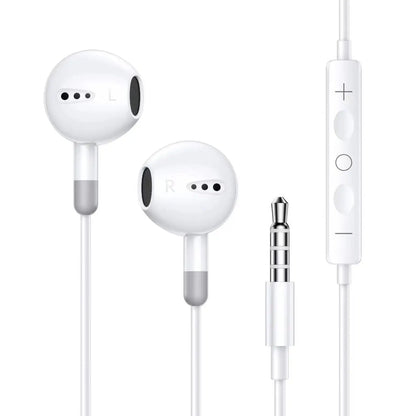 White music wired headphones with sleek design and silver 3.5mm jack compatible with samsung s25 s24 and s23 s22 xiaomi