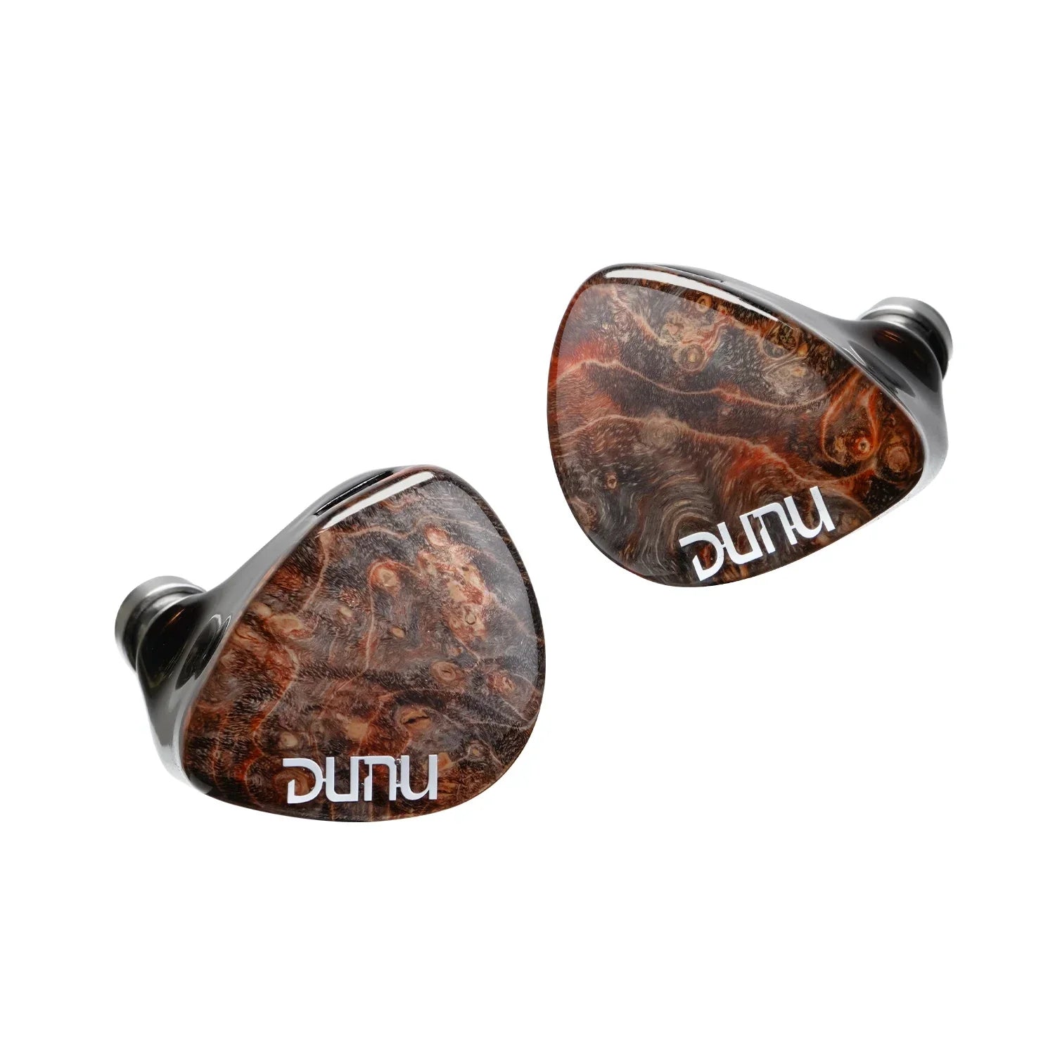 Dunu DaVinci hybrid in-ear monitors with glossy marbled brown black finish and swappable termination plugs cable