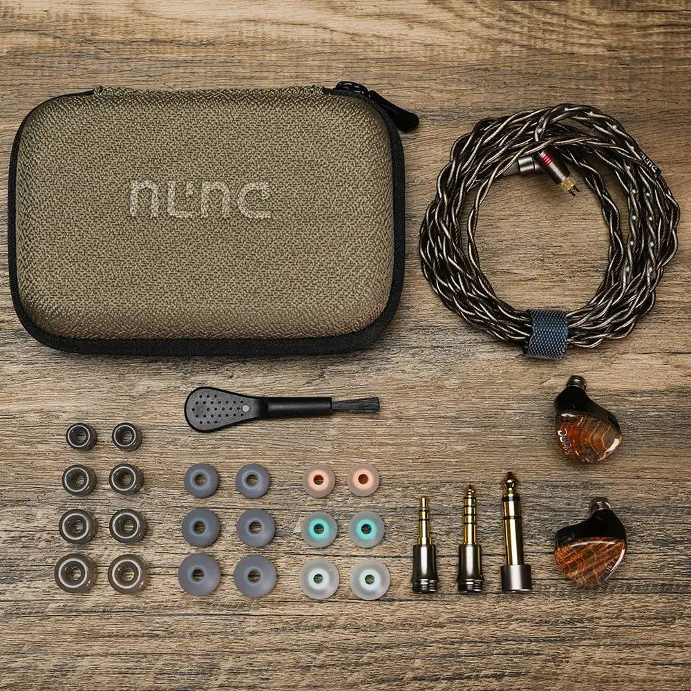 Olive green textured carrying case with nunc embroidery for dunu davinci in-ear monitor earphones with swappable termination plugs