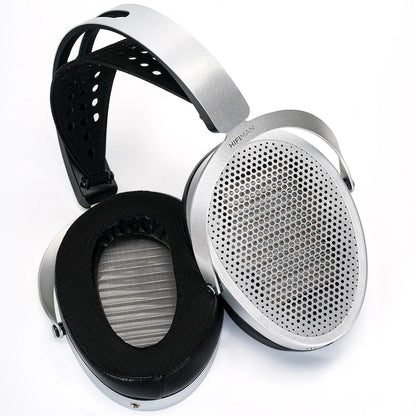 Silver and black HIFIMAN Edition XV headphone with enhanced magnet, perforated metal grille, padded earcups, and adjustable headband