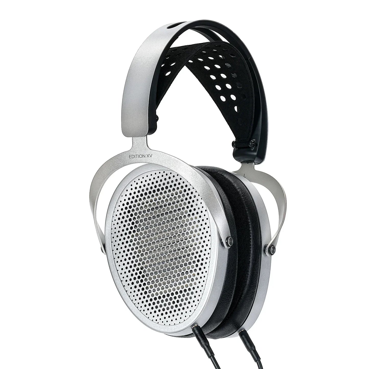 Silver and black hifiman edition xv headphone with enhanced magnet, perforated grille, padded headband, and leather ear cushions