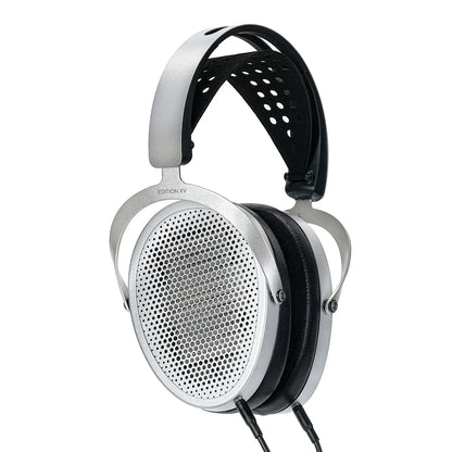 Silver and black hifiman edition xv headphone with enhanced magnet, perforated grille, padded headband, and leather ear cushions