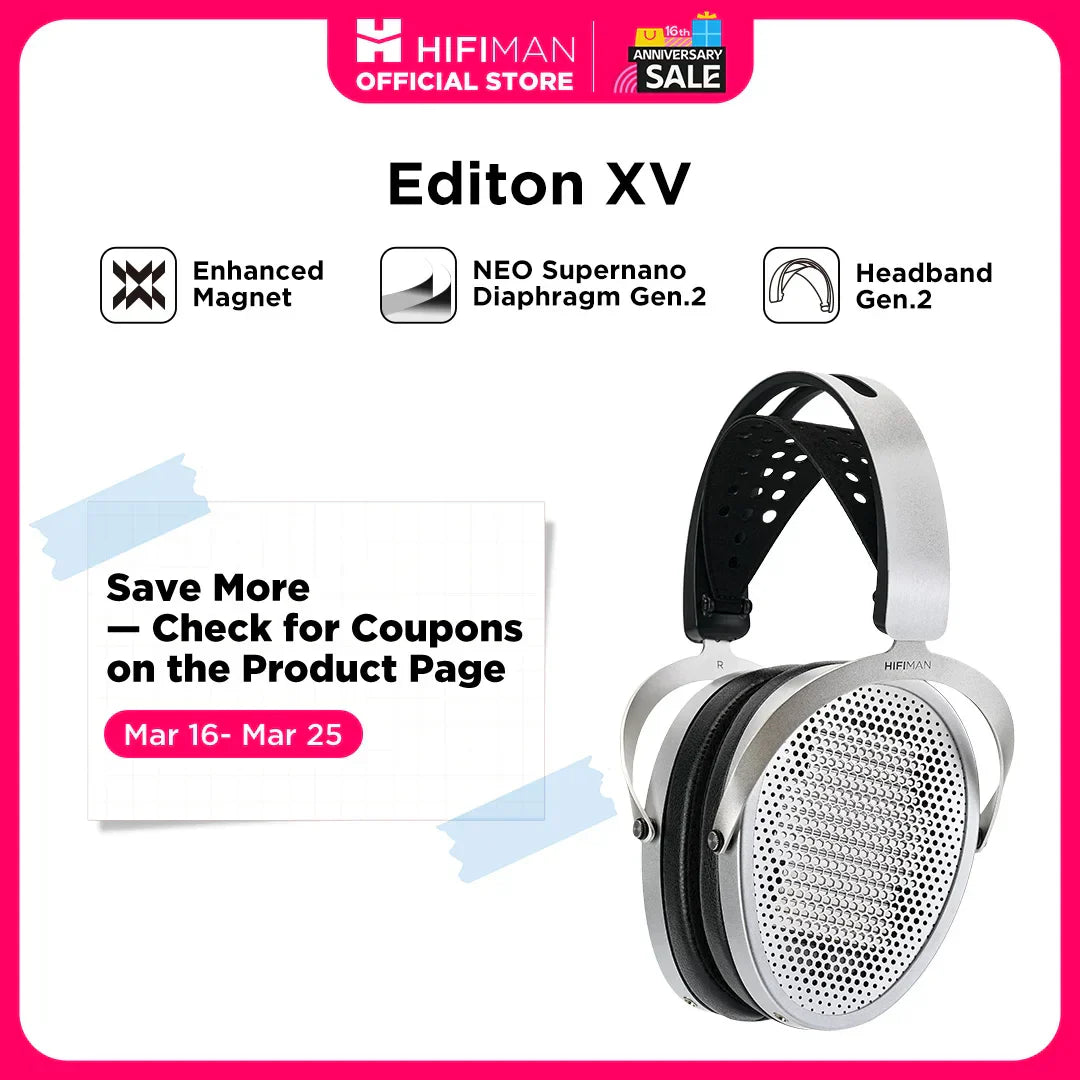 Silver hifiman edition xv headphone with enhanced magnet features a perforated metal grille and black padded headband