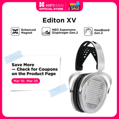 Silver hifiman edition xv headphone with enhanced magnet features a perforated metal grille and black padded headband