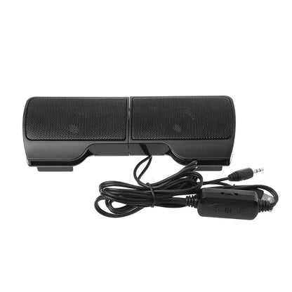 Black dual-speaker desktop wired speakers with textured grille and bundled audio cable for office daily holiday use