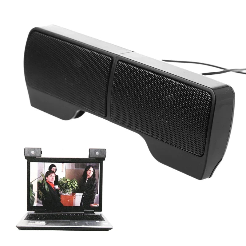 Black dual-speaker laptop soundbar with mesh grilles delivering high definition stereo for office daily holiday use