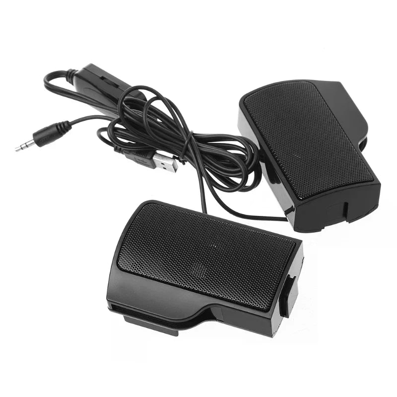 Black usb-powered car stereo speakers with textured grille fronts deliver high definition stereo for office daily holiday use
