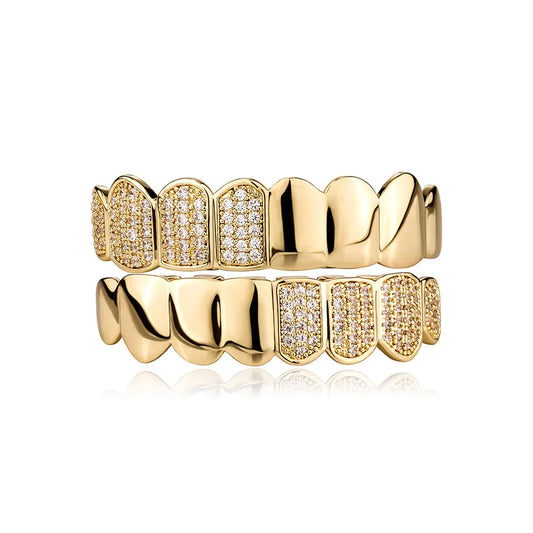 Gold-plated grillz with clear cubic zirconia stones in an intricate tooth design exquisite halloween high party gift grillz
