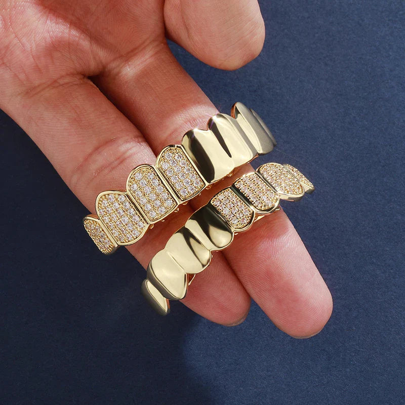 Gold-plated grillz with pave diamond design featuring clear and white cubic zirconia, exquisite halloween high party gift grillz
