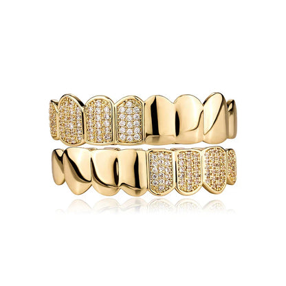 Gold-plated grillz with cubic zirconia in intricate tooth design for exquisite halloween high rapper party gift grillz