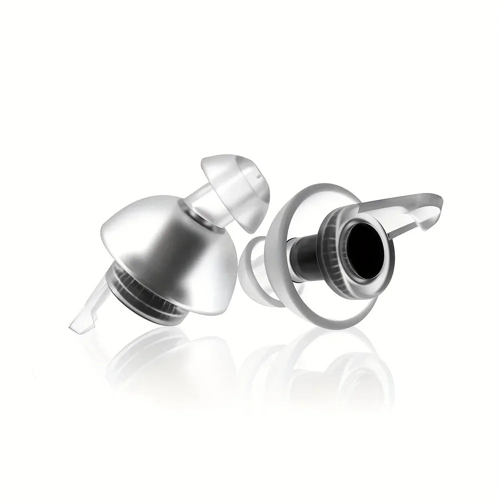 Clear silicone high fidelity reusable musicians earplugs with metallic silver stem for noise cancelling concert festivals drummers
