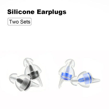Clear silicone reusable musicians earplugs with blue and silver accents for noise cancelling concert festivals drummers