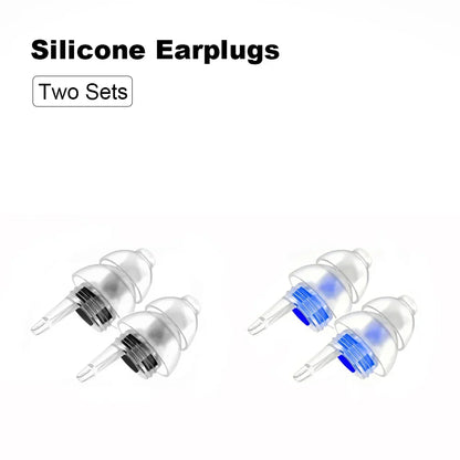 Clear silicone reusable musicians earplugs with blue accents for noise cancelling concert festivals drummers use in two sets
