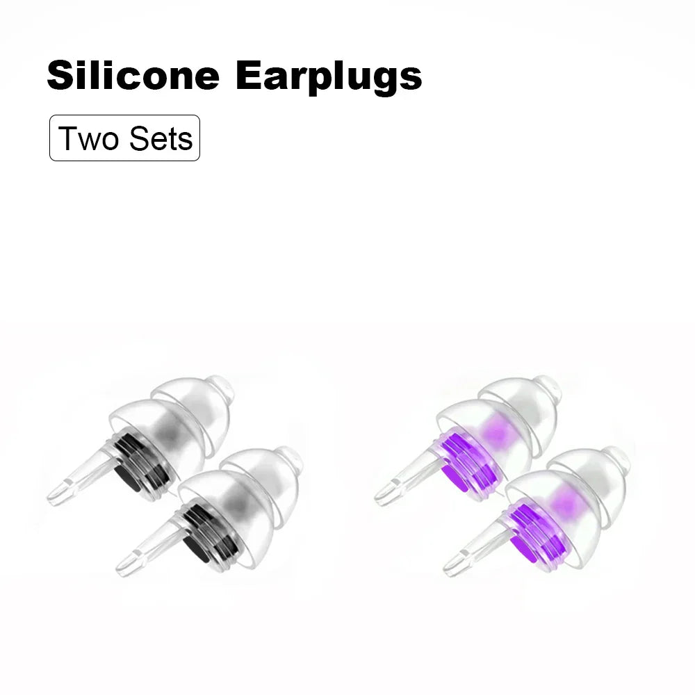 Clear silicone reusable musicians earplugs with purple accents for noise cancelling concert festivals drummers use in two sets