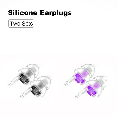 Clear silicone reusable musicians earplugs with purple accents for noise cancelling concert festivals drummers use in two sets