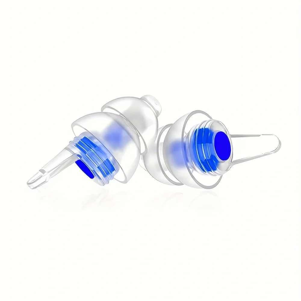 Clear plastic reusable musicians earplugs with blue internal parts and hook for noise cancelling at concert festivals drummers
