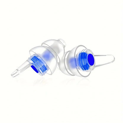 Clear plastic reusable musicians earplugs with blue internal parts and hook for noise cancelling at concert festivals drummers