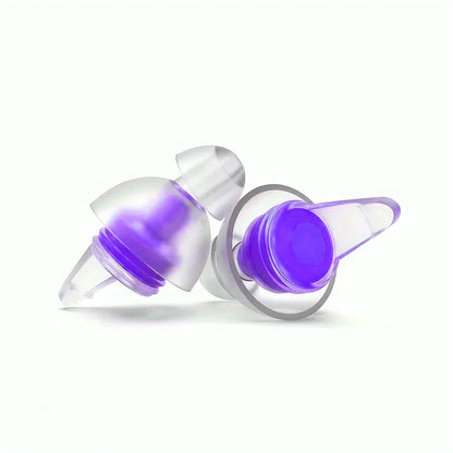 Purple and clear silicone reusable musicians earplugs with tapered design for noise cancelling concert festivals drummers