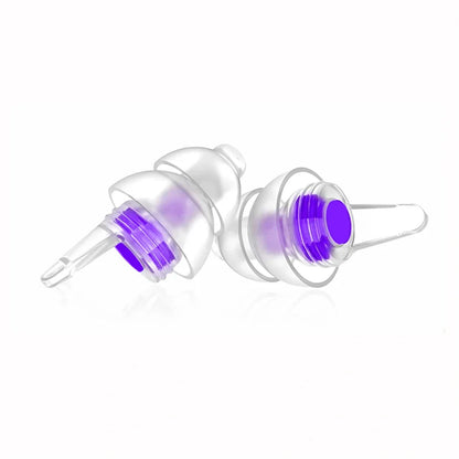 Clear silicone high fidelity concert earplugs with purple accents and hook for reusable musicians earplugs noise cancelling concert festivals drummers