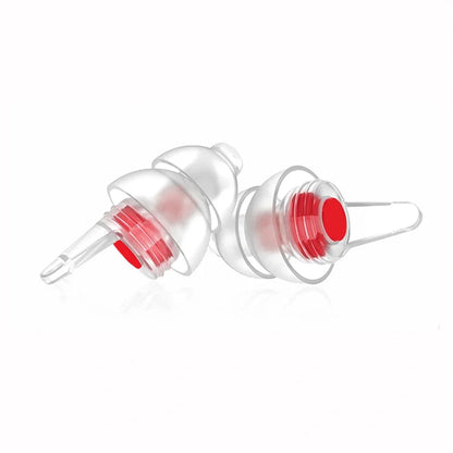 Clear plastic reusable musicians earplugs with red foam inserts and metal hook for noise cancelling concert festivals drummers