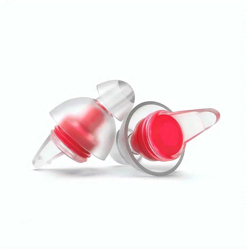 Clear silicone reusable musicians earplugs with red inner chambers and silver ring for noise cancelling concert festivals drummers