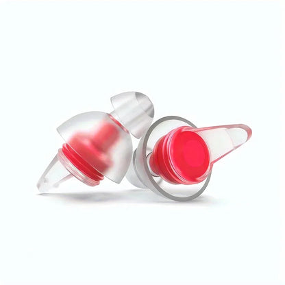 Clear silicone reusable musicians earplugs with red inner chambers and silver ring for noise cancelling concert festivals drummers