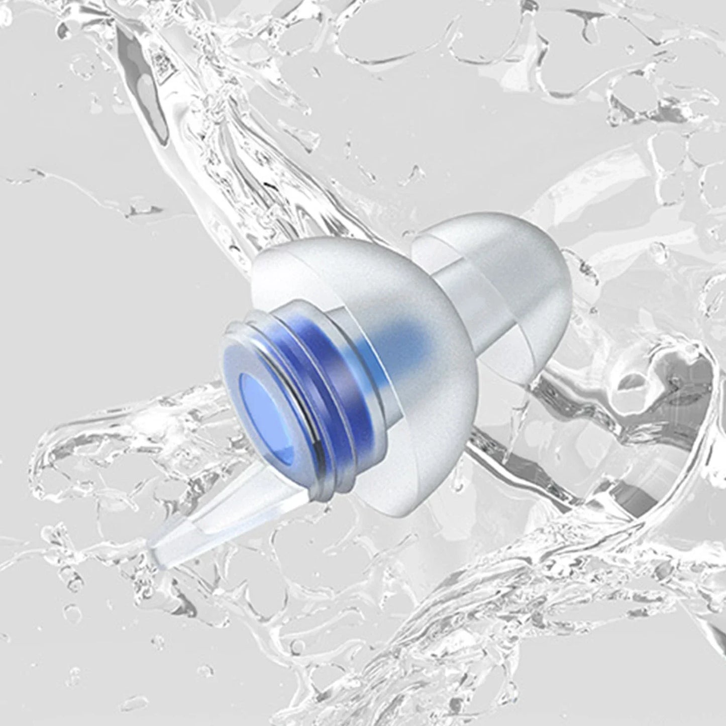 Clear plastic reusable musicians earplugs with blue silicone tip and threaded collar for noise cancelling concert use