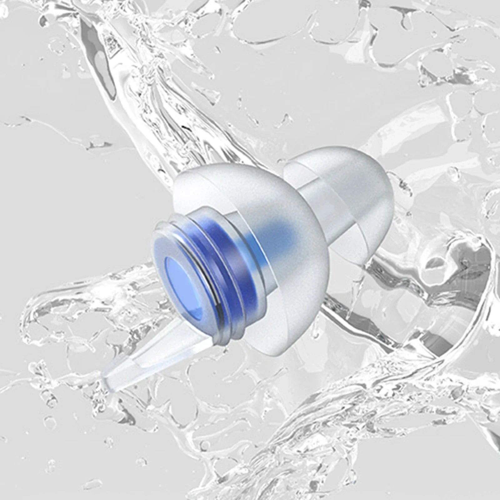 Clear plastic reusable musicians earplugs with blue silicone tip and threaded collar for noise cancelling concert use