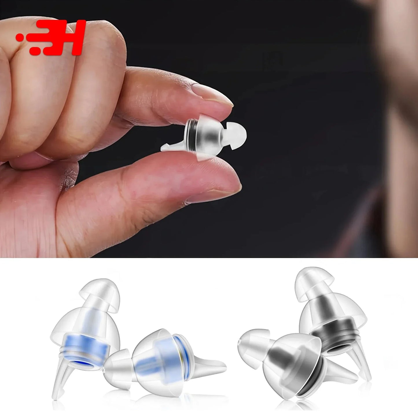 Clear silicone reusable musicians earplugs with metallic silver stem and blue lining for noise cancelling concert festivals drummers