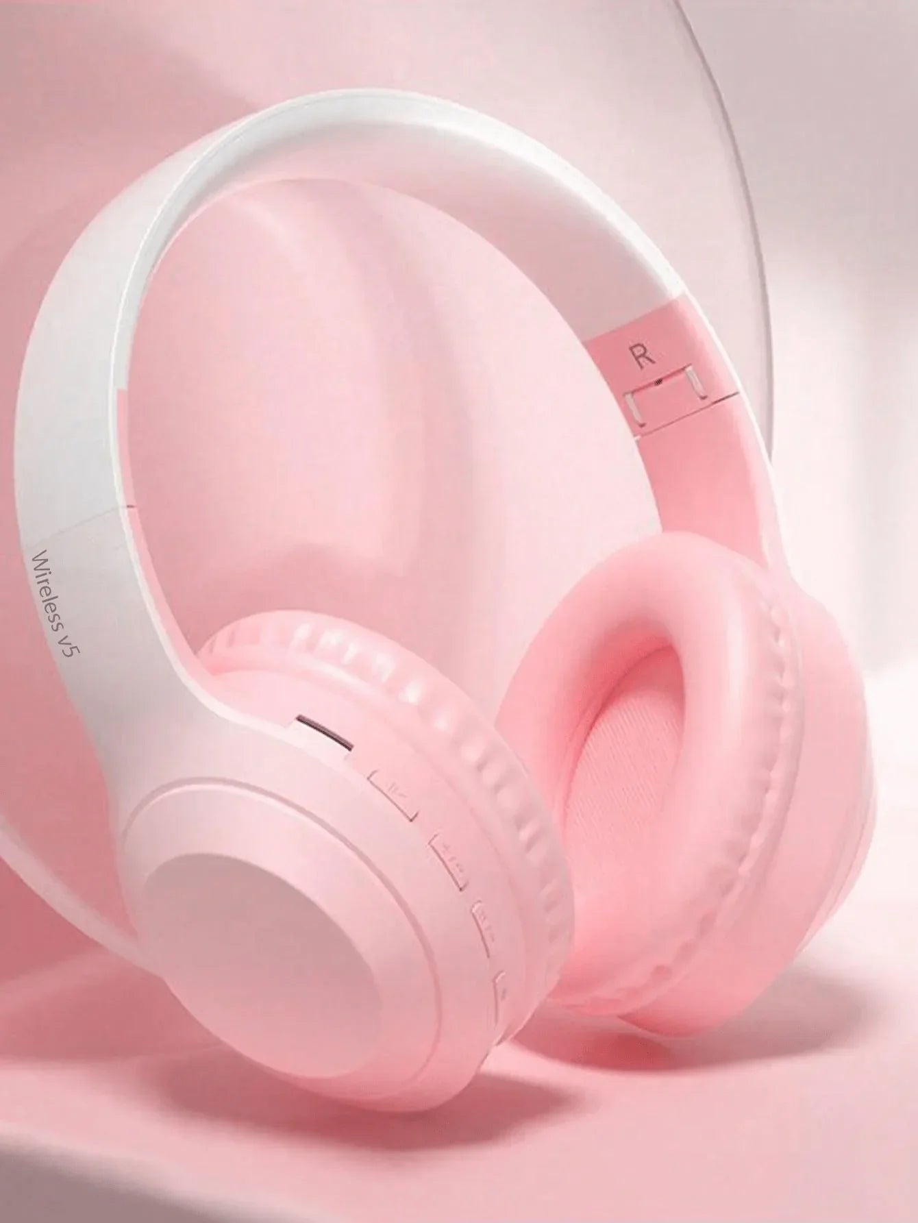 Pink and white wireless over-ear headphones with noise cancelling gaming and stereoscopic surround sound features