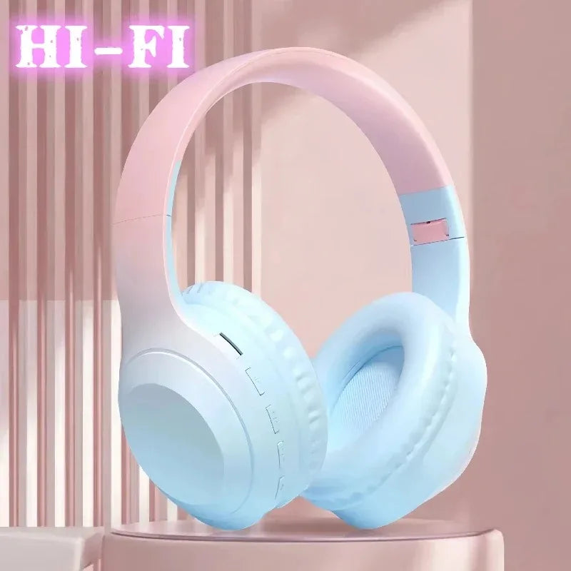 Pastel pink and light blue wireless over-ear headphones featuring noise cancelling gaming and stereoscopic surround sound