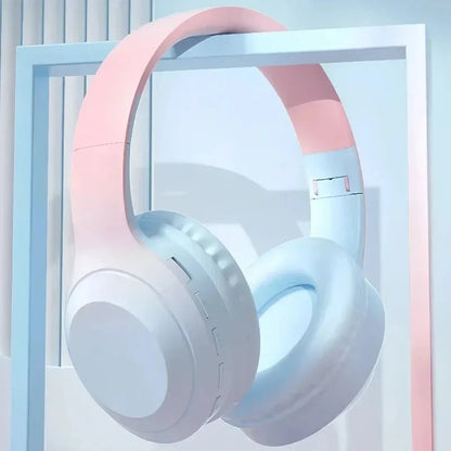 Pastel pink and light blue wireless over-ear headphones with noise cancelling gaming and stereoscopic surround sound features